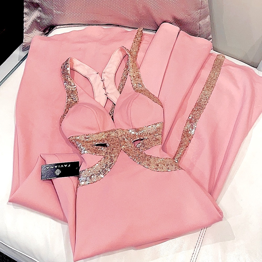 NWT Faviana blush pink halter prom luxe evening dress gold maxi luxe designer 00